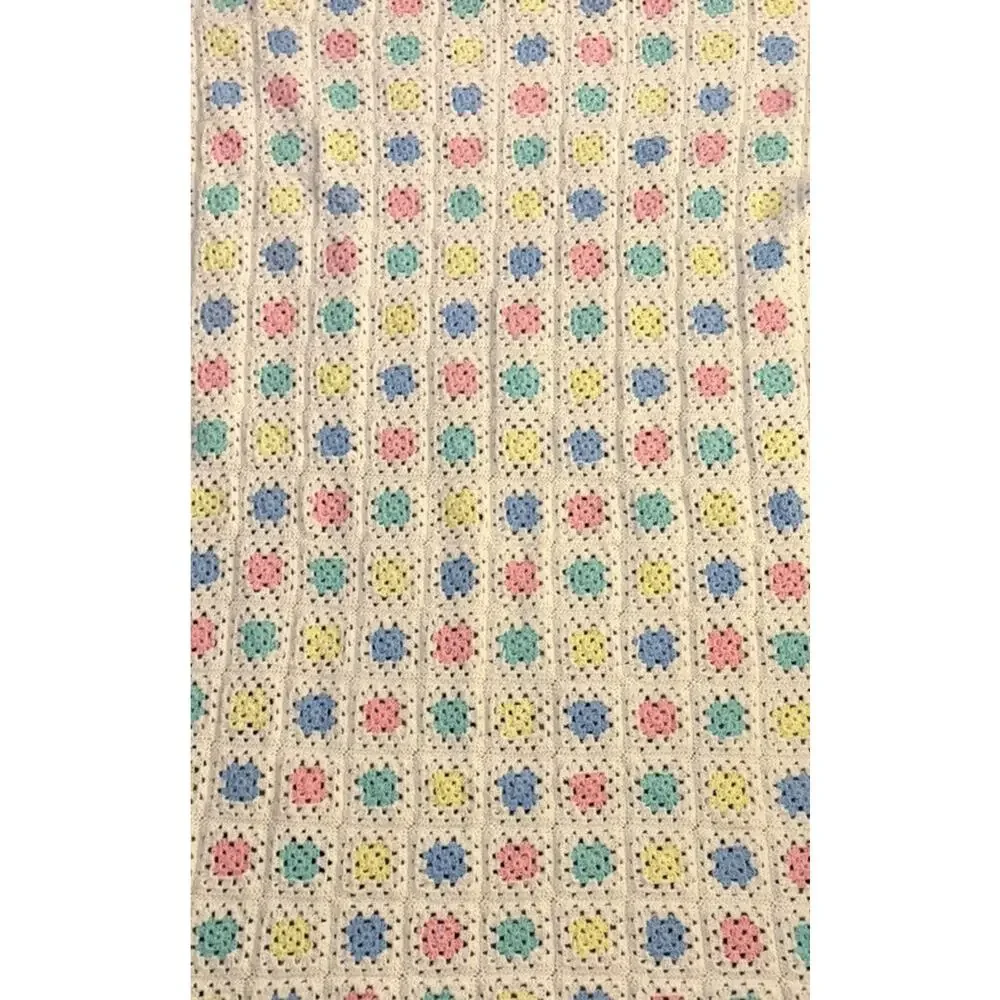Vintage Crochet Granny Square Afghan Floral Colorful Cottagecore Farmhouse 37x56